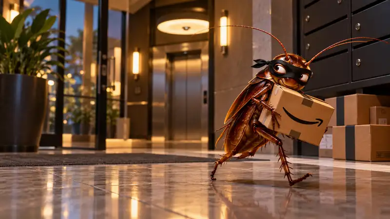 A masked cockroach carrying an Amazon parcel through a modern apartment building lobby.