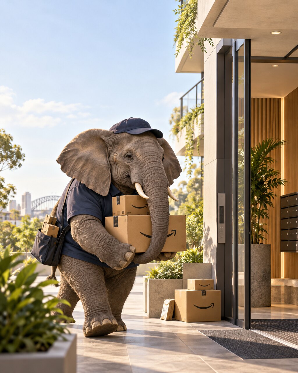 An elephant delivering Amazon parcels to an apartment building.